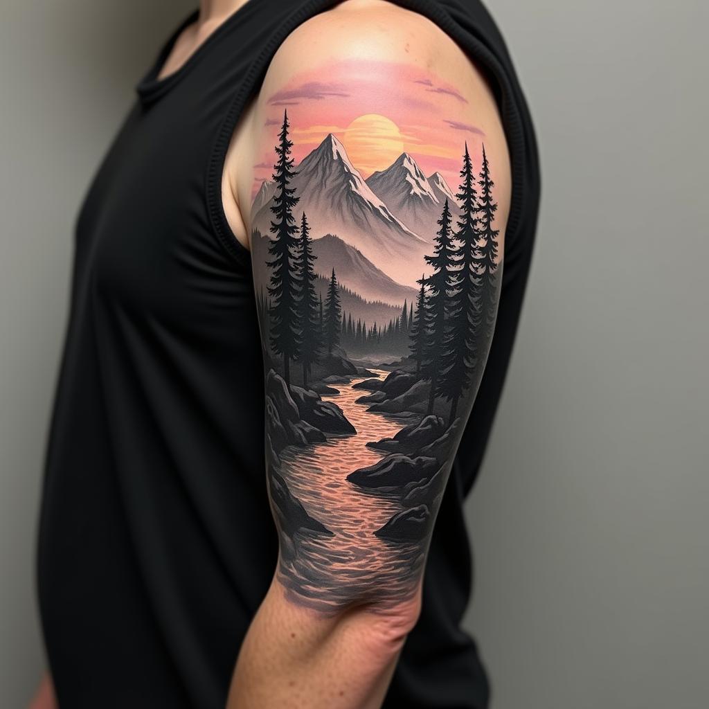 Tatuagem Masculina de Paisagem Natural na Manga Completa do Braço 