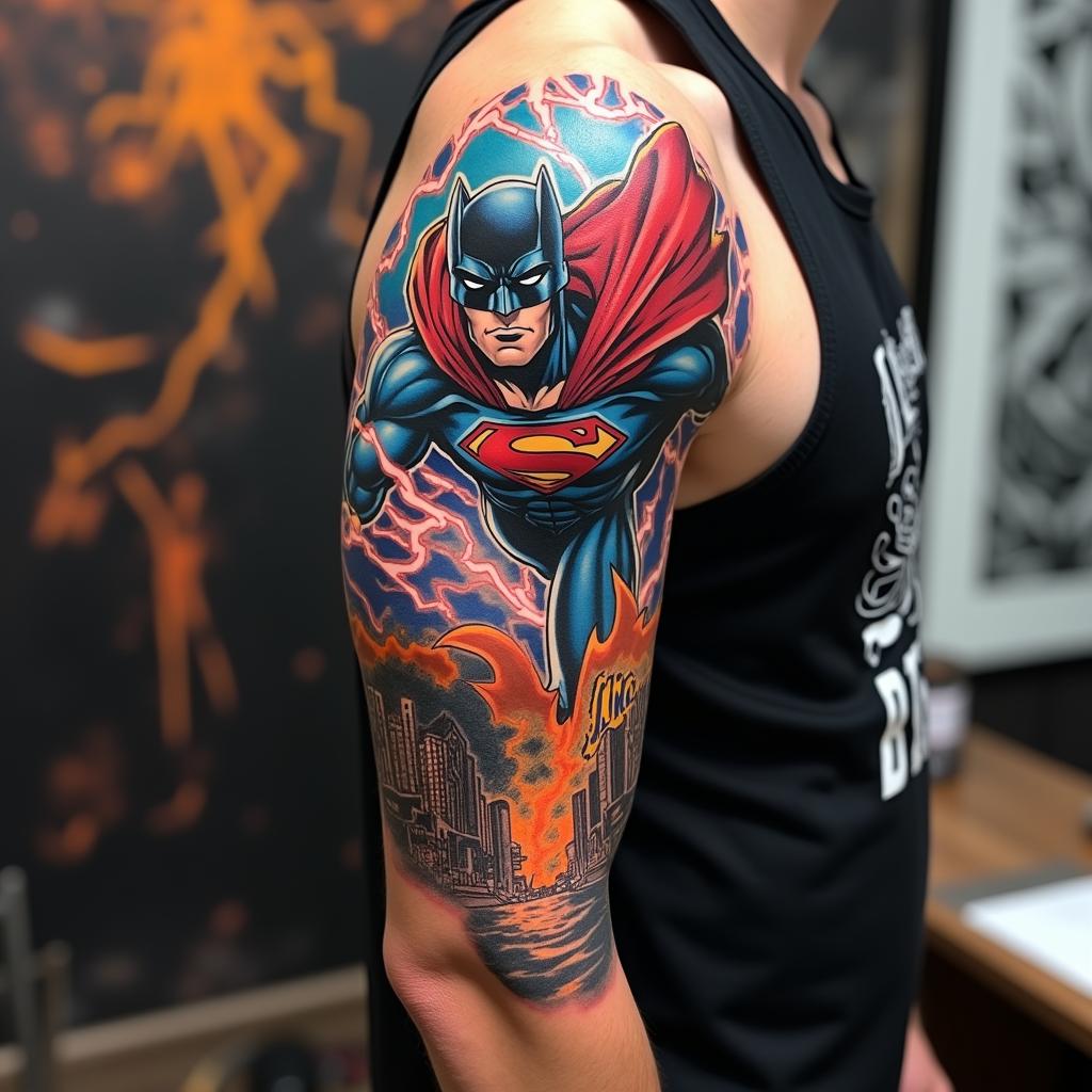 Tatuagem Masculina de Mangá Parcial de Super-Herói no Braço 