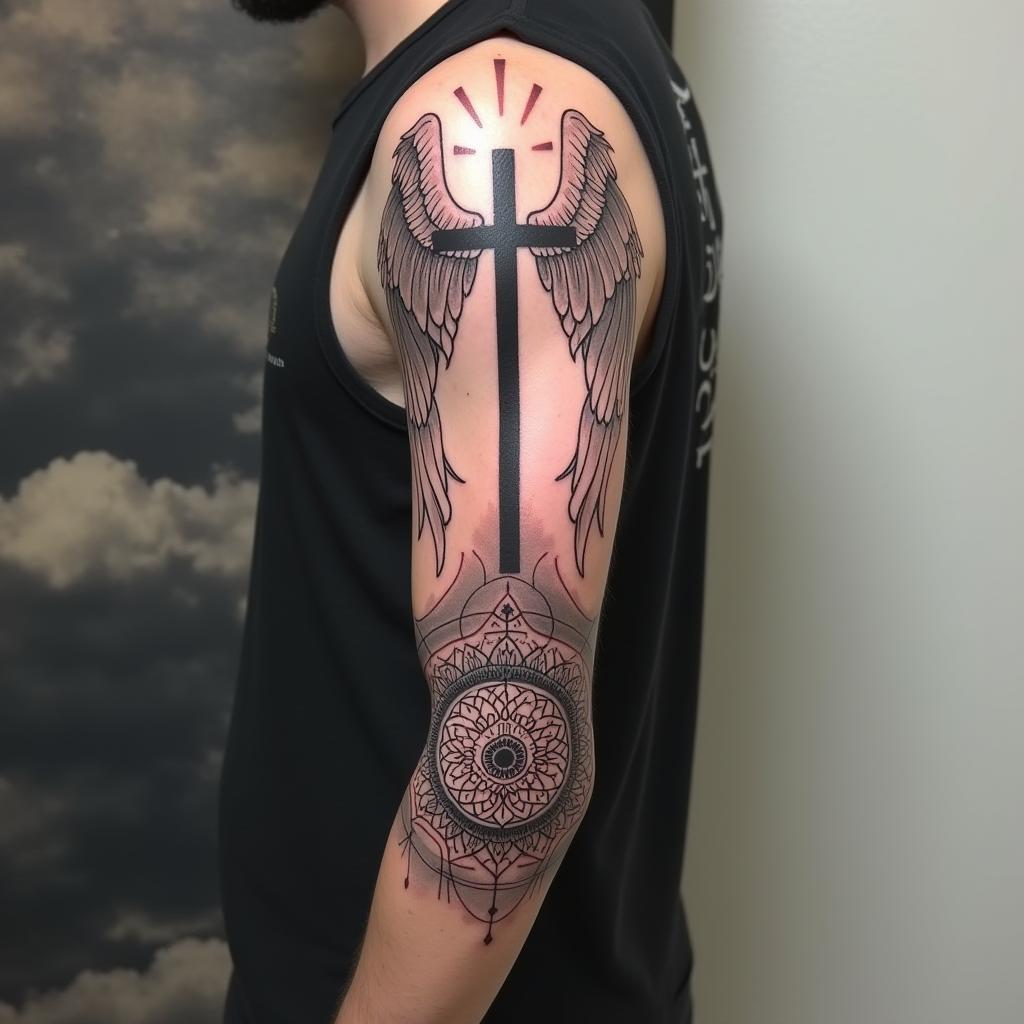 Tatuagem Masculina Religiosa de Manga Completa no Braço 