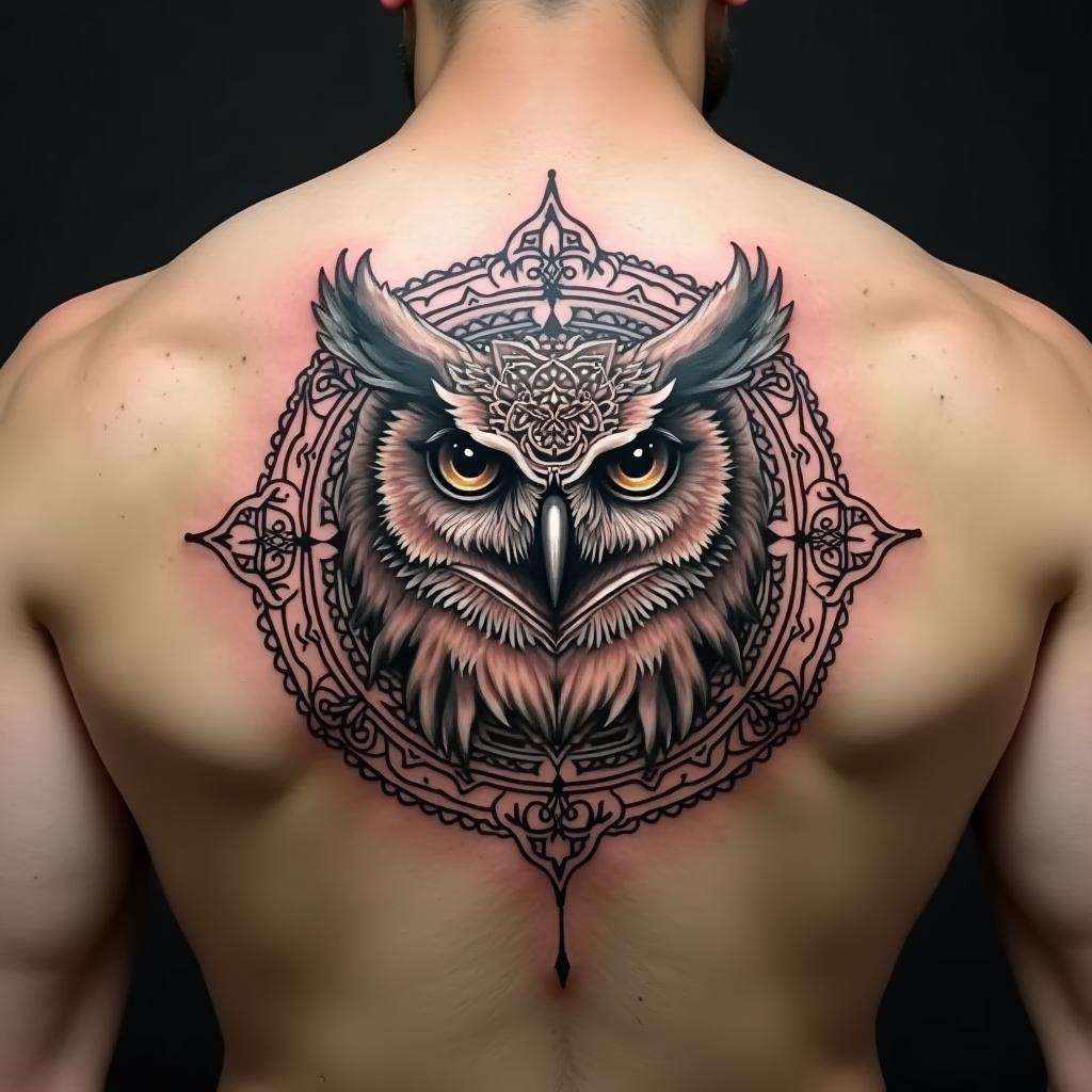 Tatuagem nas Costas de Coruja com Mandala