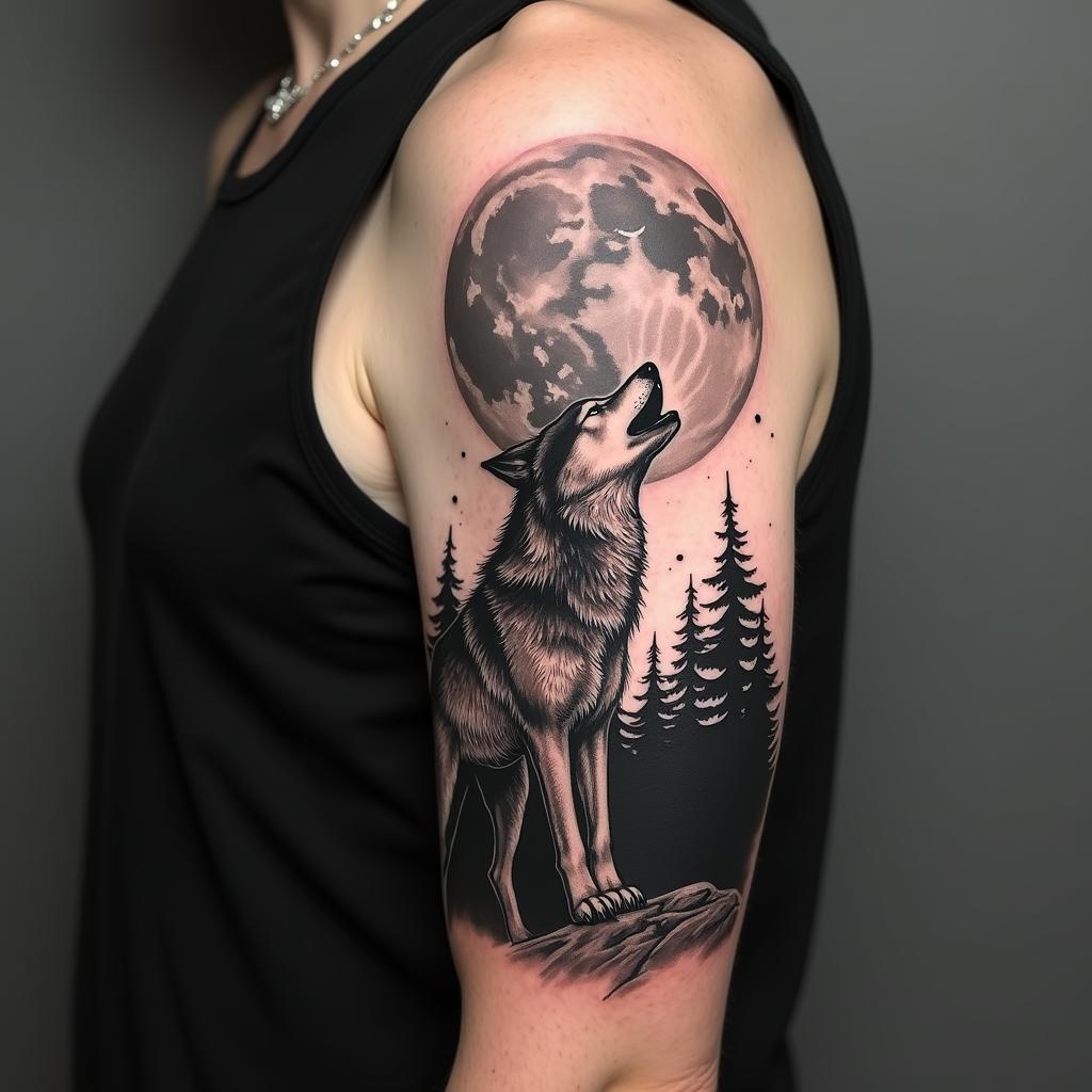 Tatuagem no Braço Masculino de Lua e Lobo 