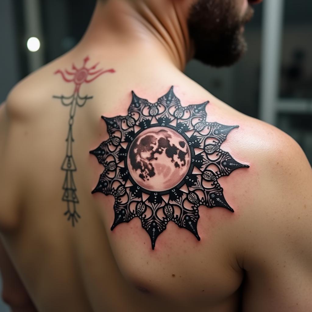 Tatuagem de Lua com Mandalas nas Costas Masculina