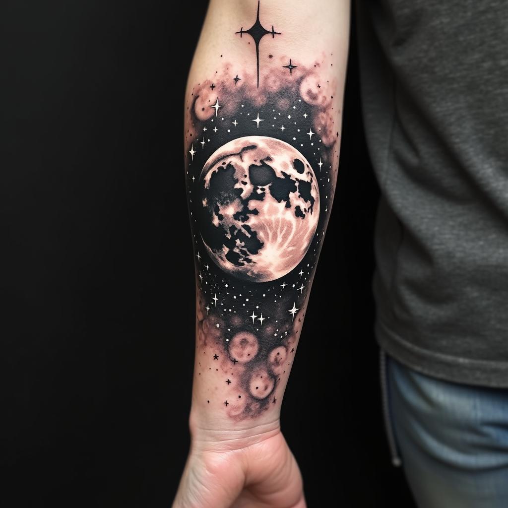 Tatuagem no Antebraço Masculina de Lua com Estrelas 