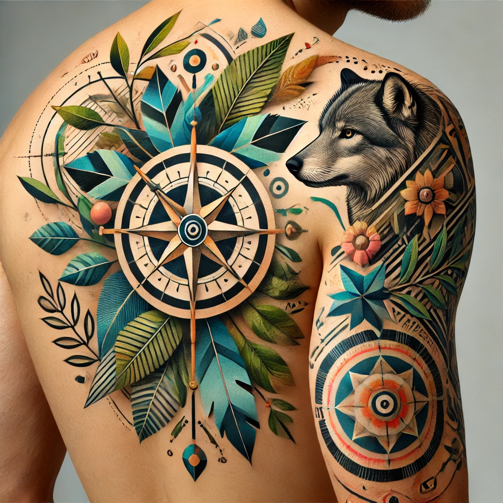 Tatuagem diferente nas Costas Masculina: Tatuagem de lobo Tatuagem Geometrica Tatuagem de bússola