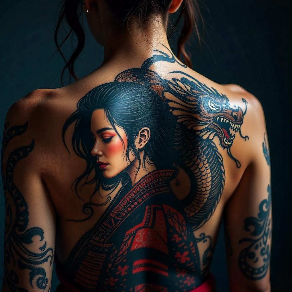 Tatuagem de Gueixa Samurai nas Costas Feminina