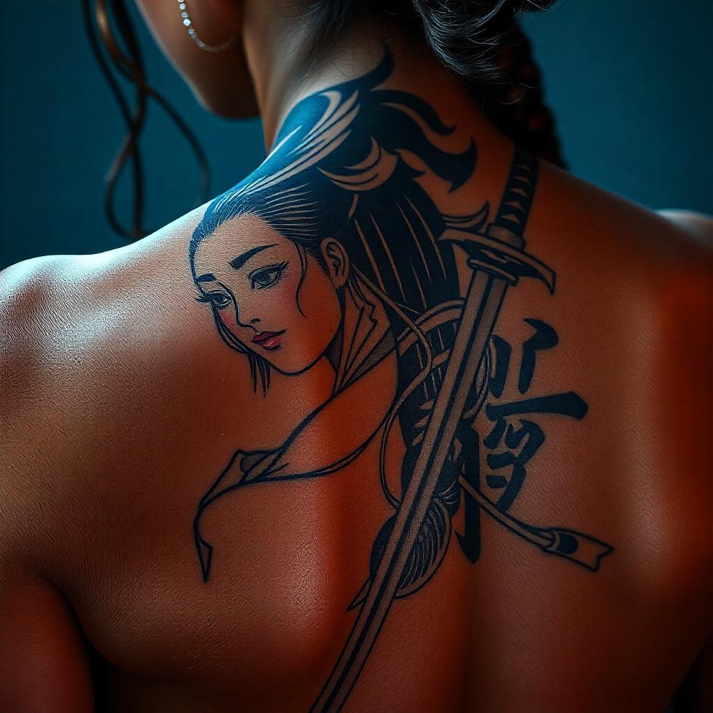 Tatuagem Minimalista de Gueixa samurai com Espada nas Costas