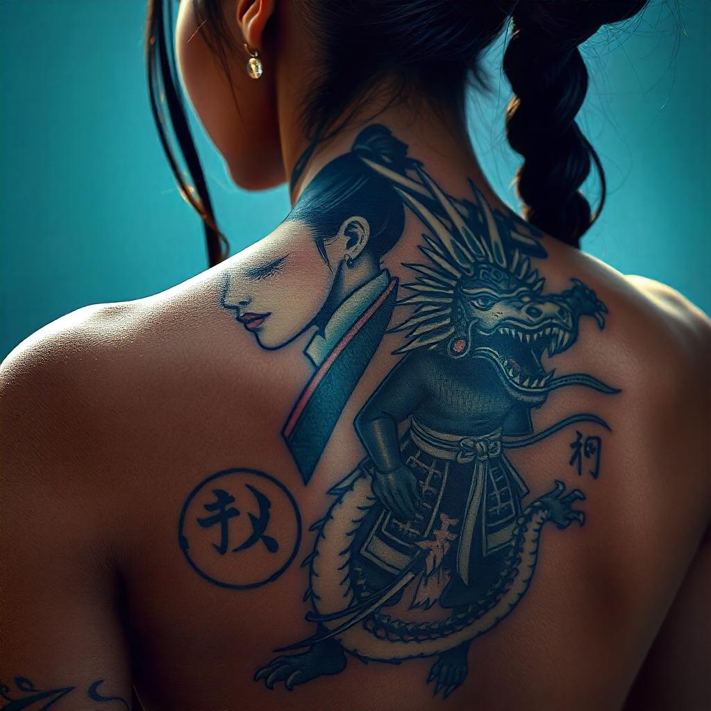 Tatuagem de Gueixa Samurai nas Costas Feminina