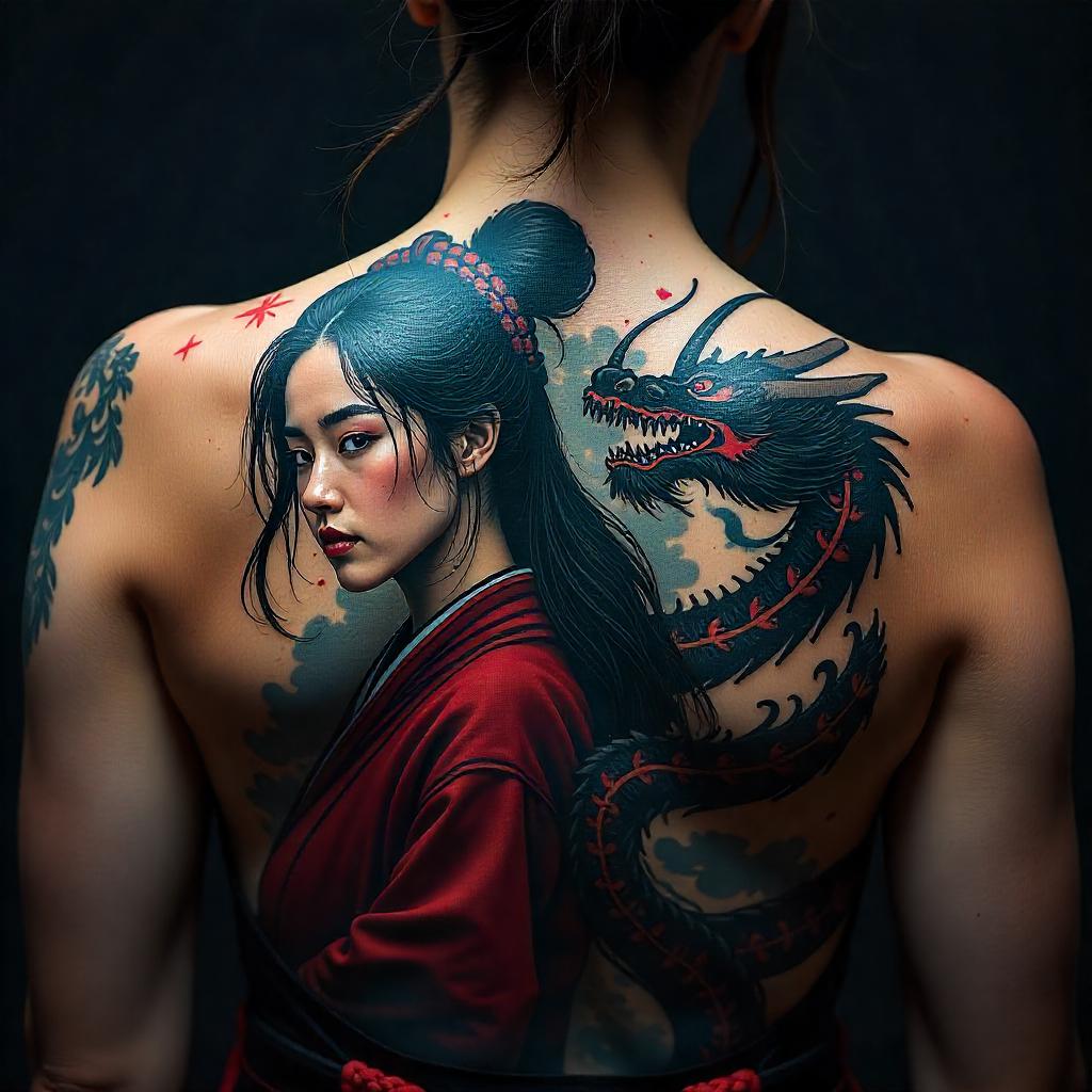 Tatuagem de Gueixa Samurai Realista nas Costas Feminina