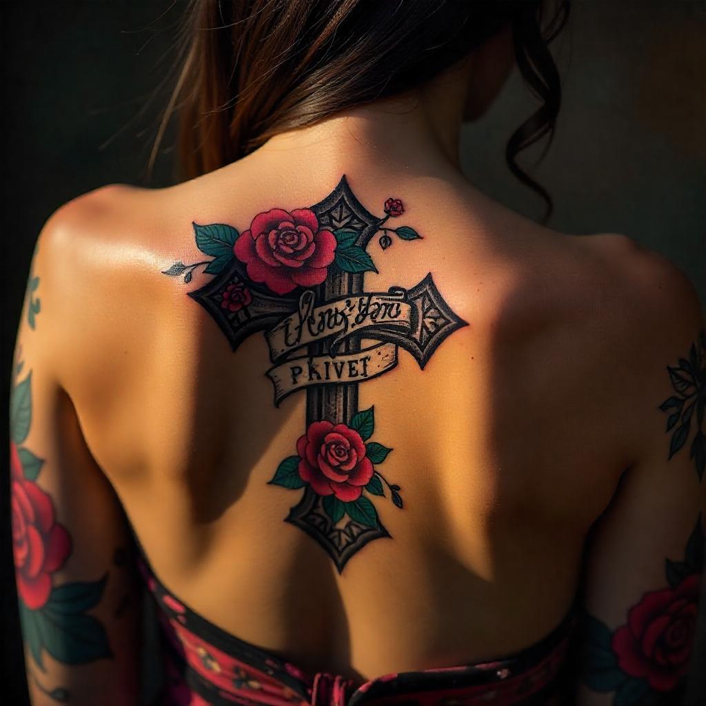 Tatuagem Feminina Estilo Chicana de Cruz e Rosas nas Costas