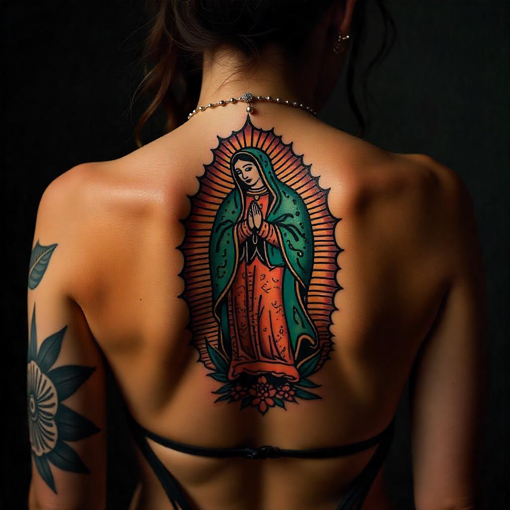 Tatuagem Feminina Estilo Chicana de Virgem de Guadalupe 