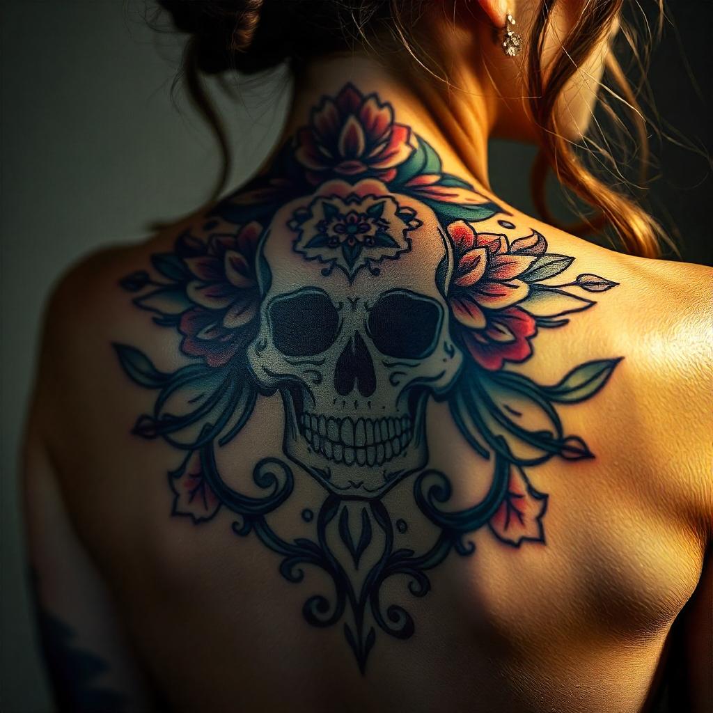 Tatuagem Feminina Estilo Chicana de Caveira nas Costas