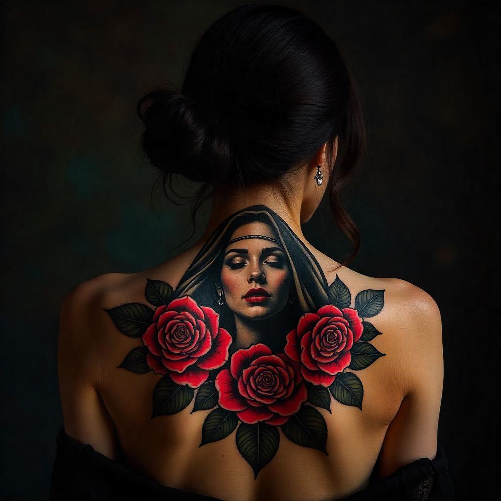 Tatuagem Feminina Estilo Chicana de Rosto Feminino nas Costas