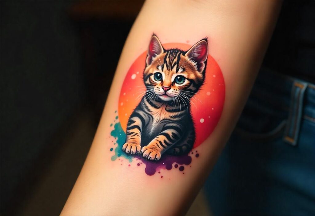 tatuagem feminina aquarela de gato no braço