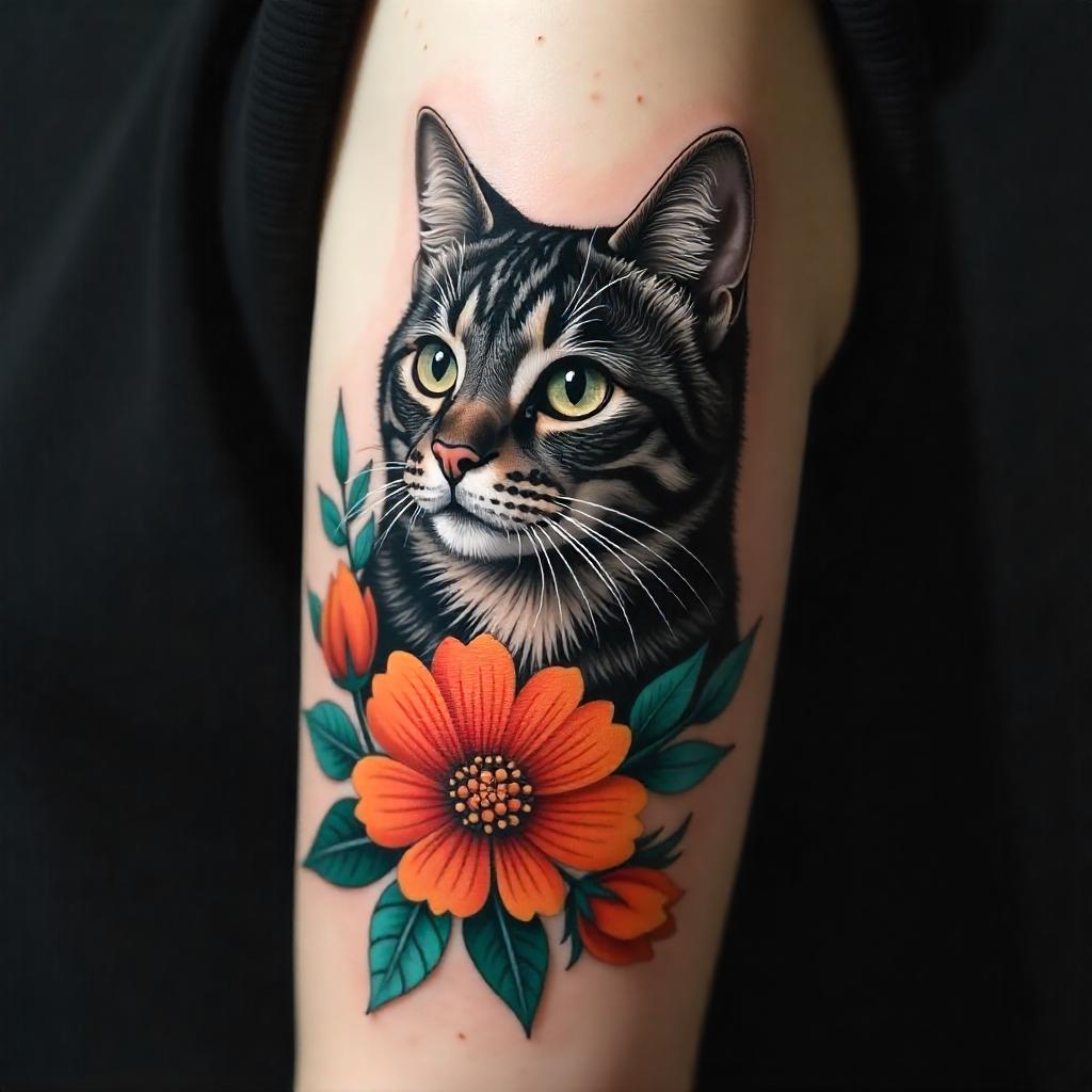 Tatuagem no Braço de Gato com Flores 