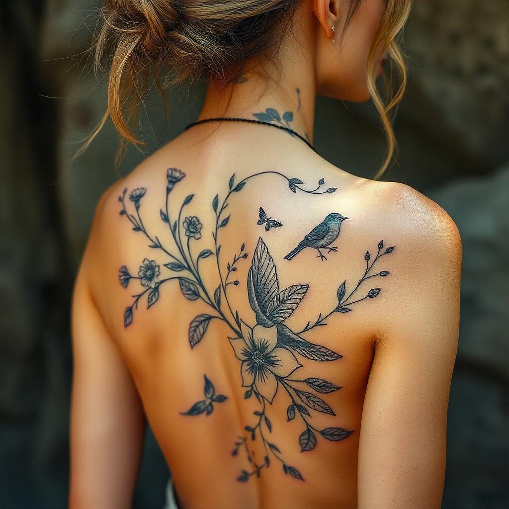 Tatuagem de Elementos da Natureza nas Costas Feminina 