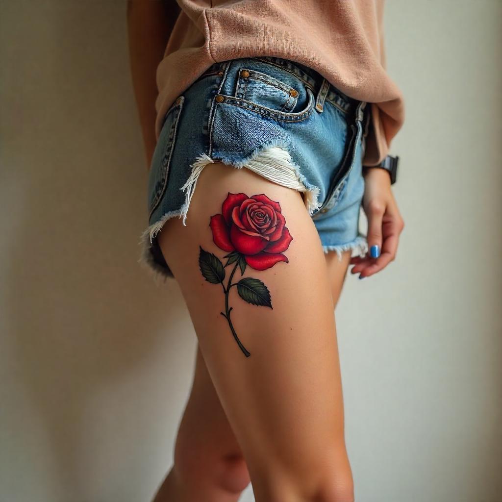 Tatuagem de Rosa Vermelha na Coxa Feminina