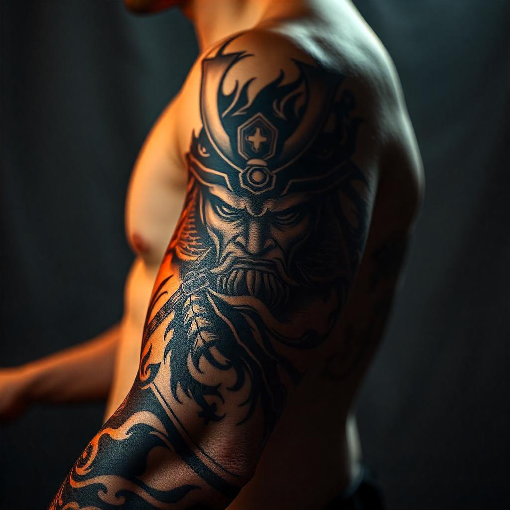 Tatuagem de Samurai com Máscara no Braço Masculino