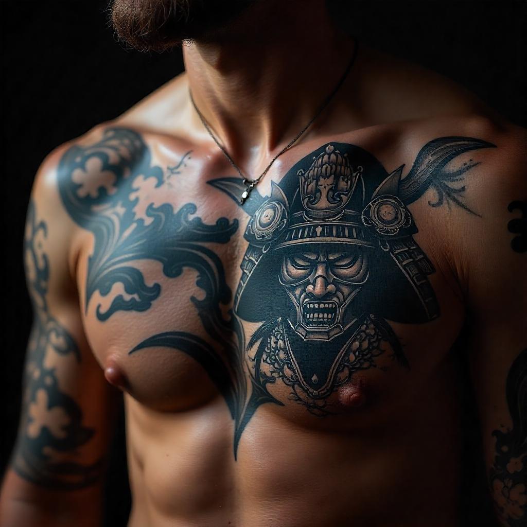 Tatuagem Masculina de Samurai no Peito 