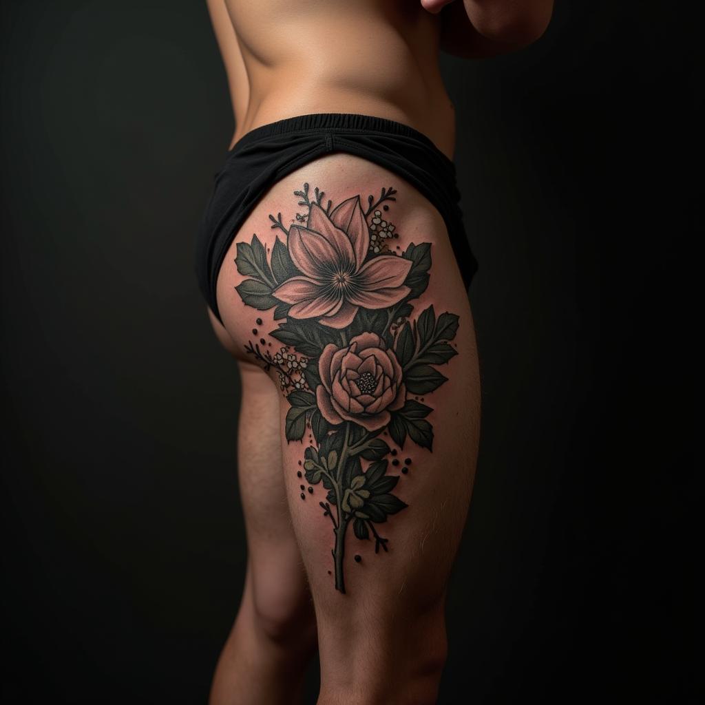 Tatuagem na Coxa de Flor Masculina