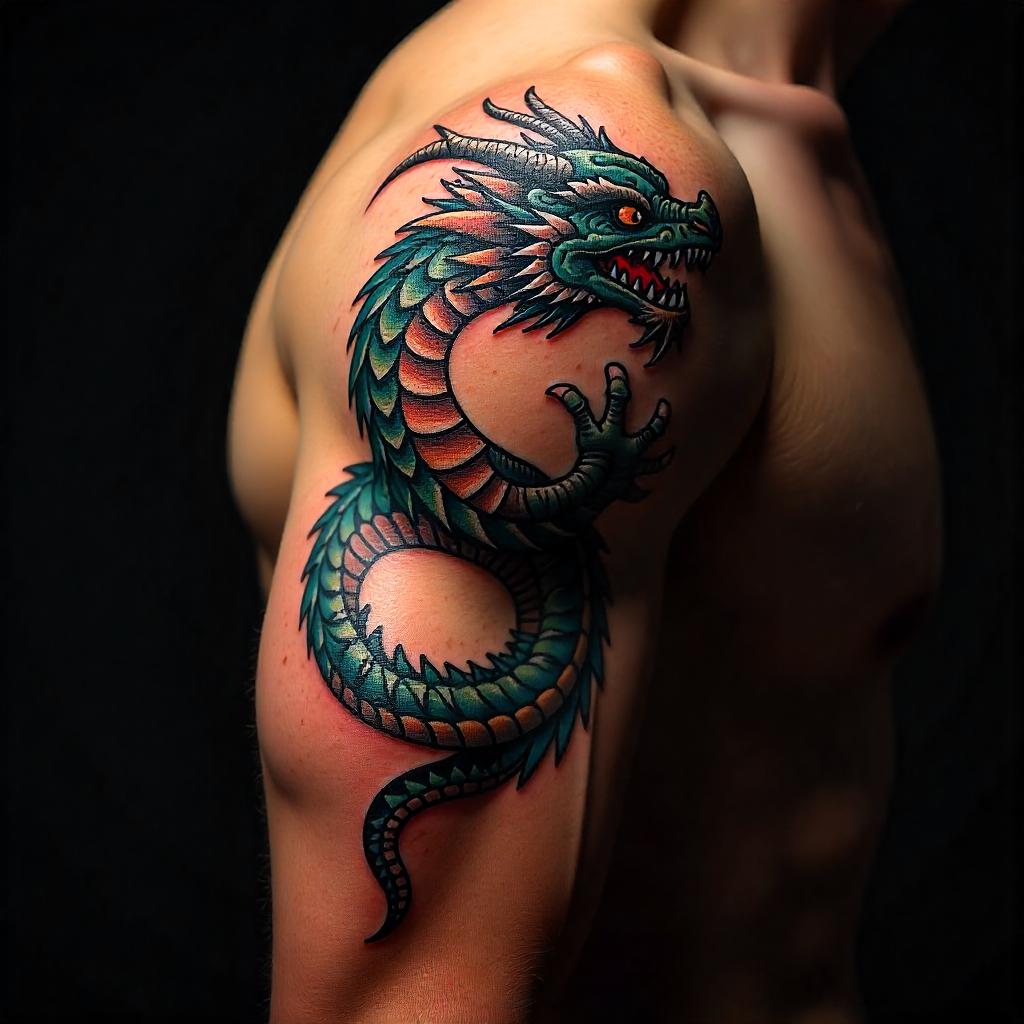 TatuagemMasculina  de Dragão Estilo Japonês no Braço