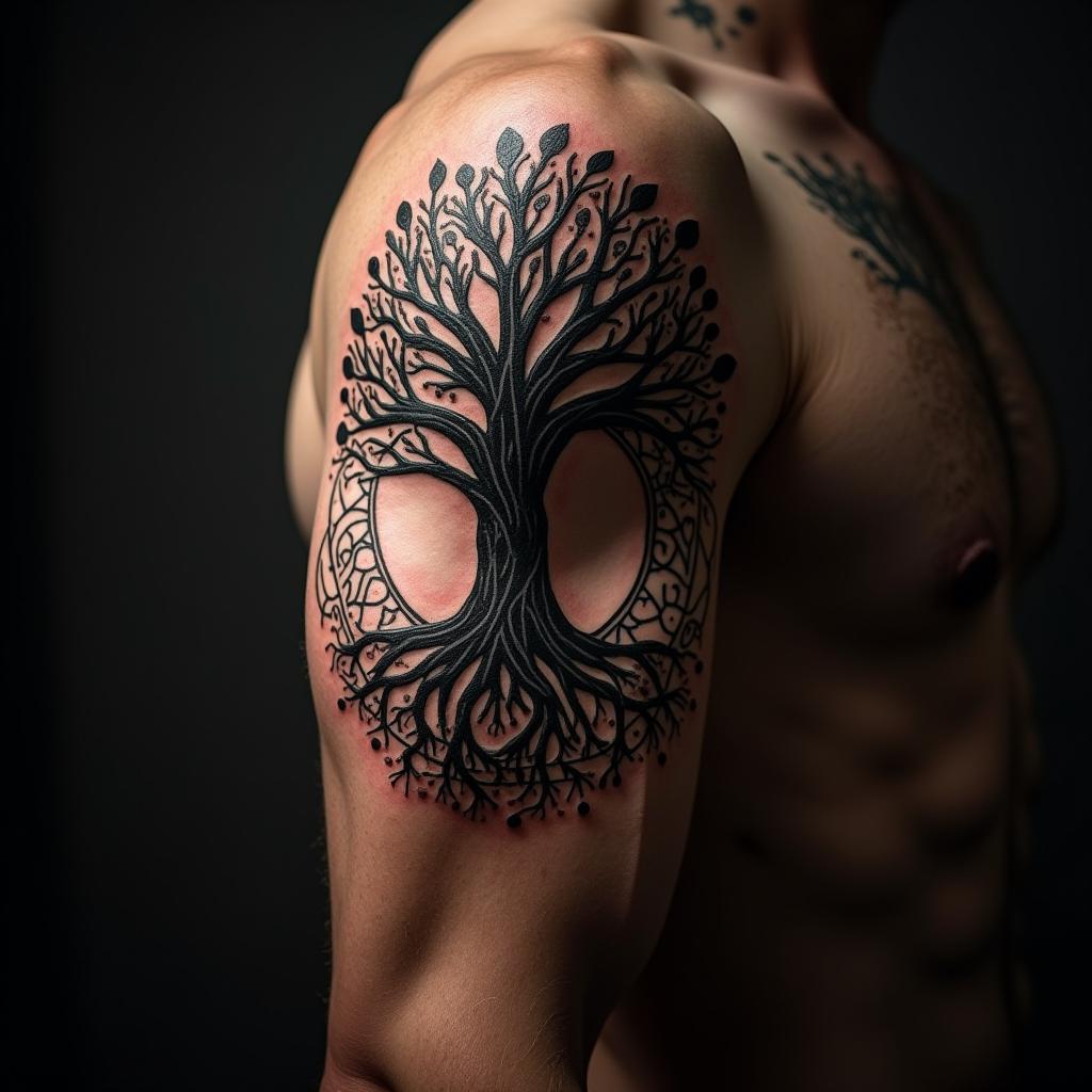 Tatuagem Nórdica de Yggdrasil no Braço Masculino