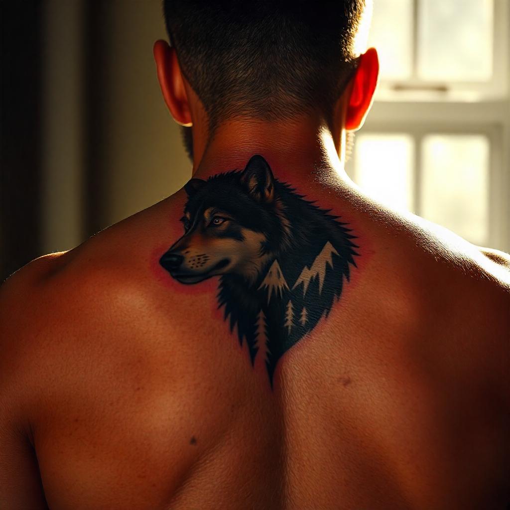 Tatuagem de Lobo com Elementos Naturais nas Costas Masculina