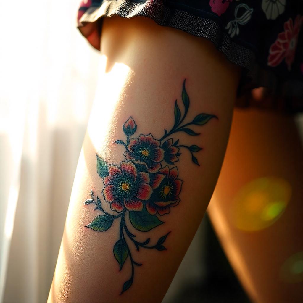 Tatuagem de Rosas na Coxa Feminina

