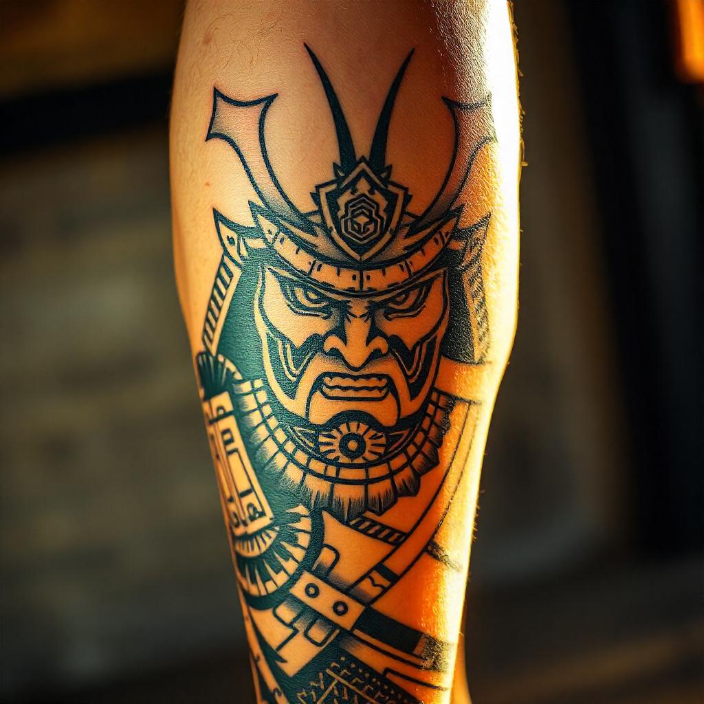 Tatuagem Masculina de Samurai na panturrilha