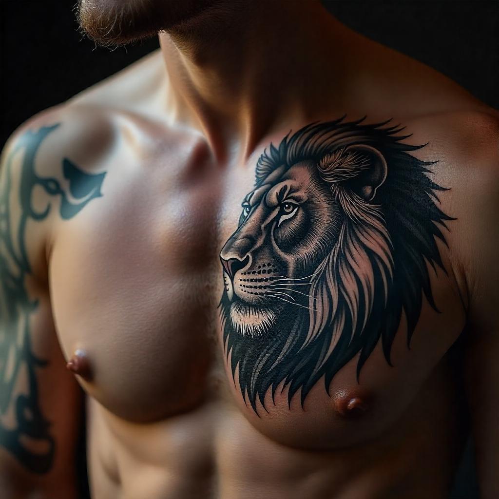 Tatuagem Masculina de Leão no Peito 