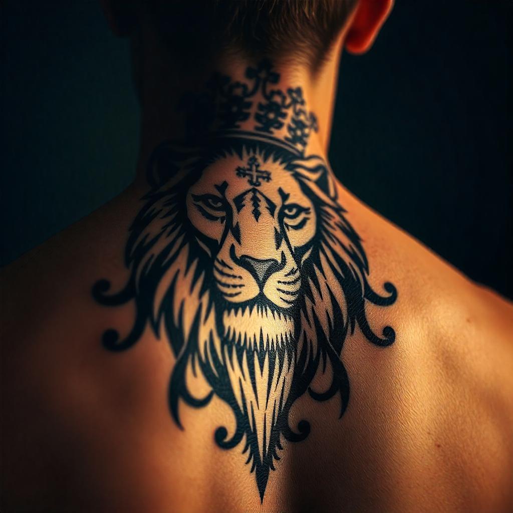 Tatuagem de Leão com Coroa nas Costas Masculina