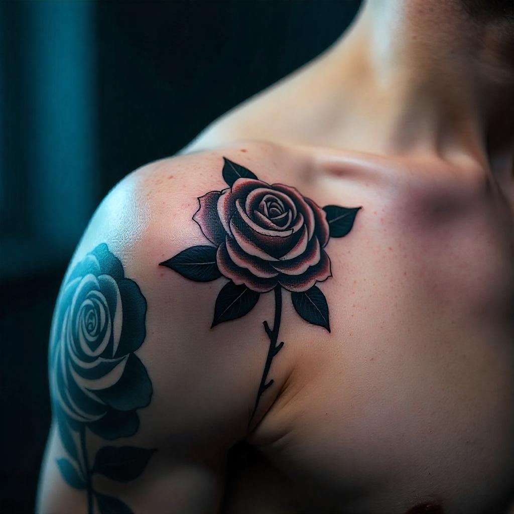 Tatuagem Pequena de Rosa no Ombro Masculino