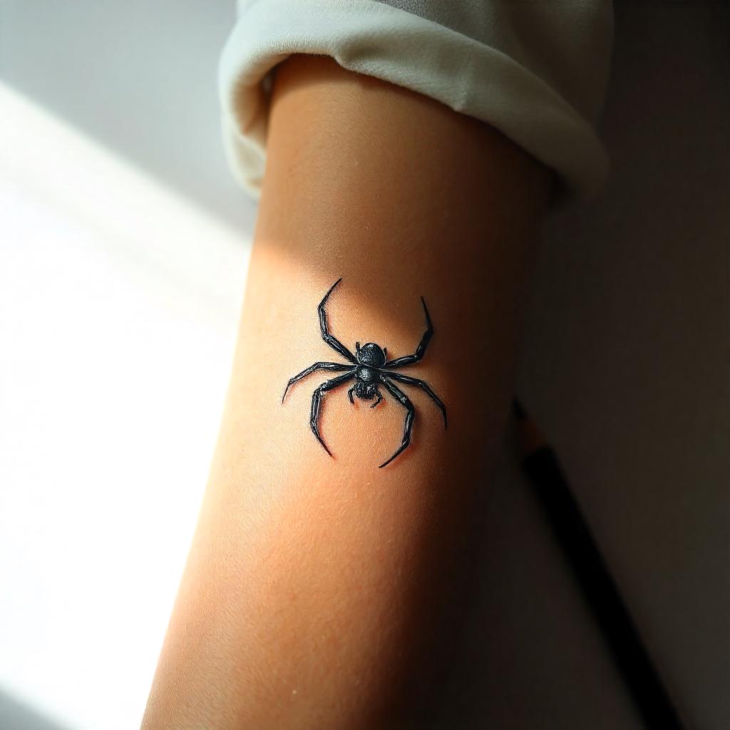 Tatuagem Feminina Minimalista de Aranha no Antebraço