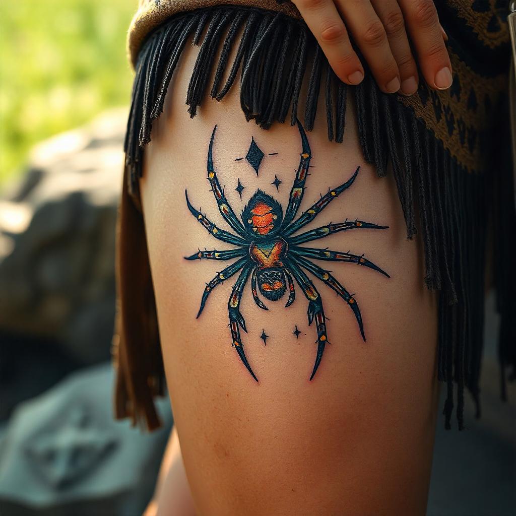 Tatuagem Feminina de Aranha em Estilo Aquarela na Coxa