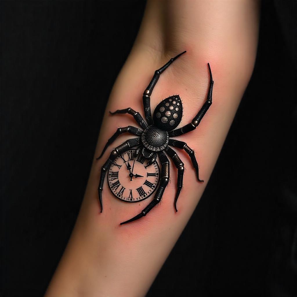 Tatuagem Feminina de Aranha com Relógio no Antebraço