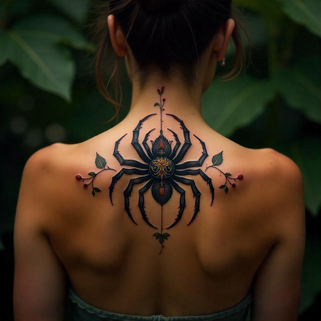 Tatuagem Feminina de Aranha em Estilo Mandala nas Costas