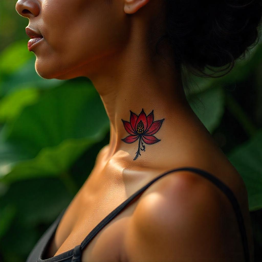 Tatuagem Feminina Pequena de Flor de Lótus no Pescoço