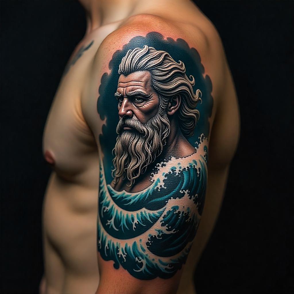 Tatuagem Neo Tradicional de Poseidon no Braço Masculino