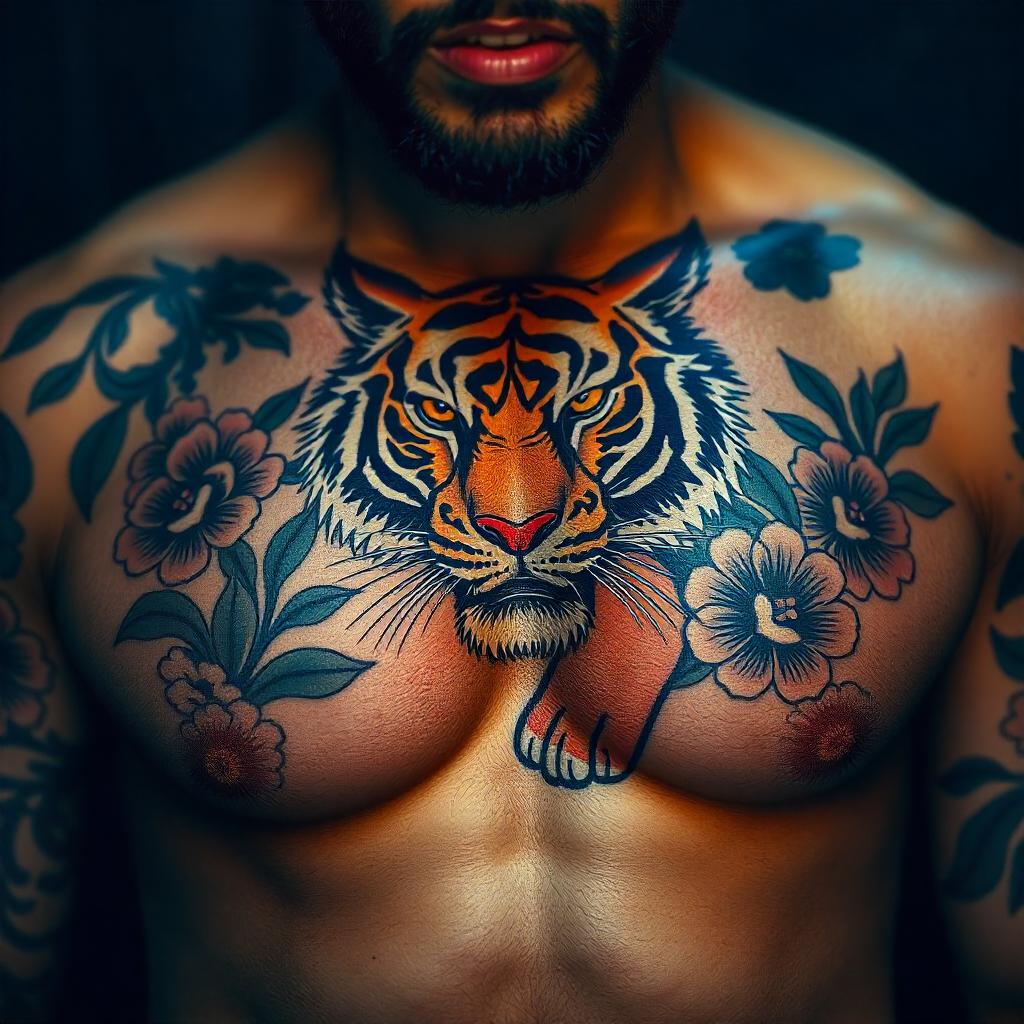 Tatuagem Realista Japonesa de Tigre e Flores no Peito Masculino