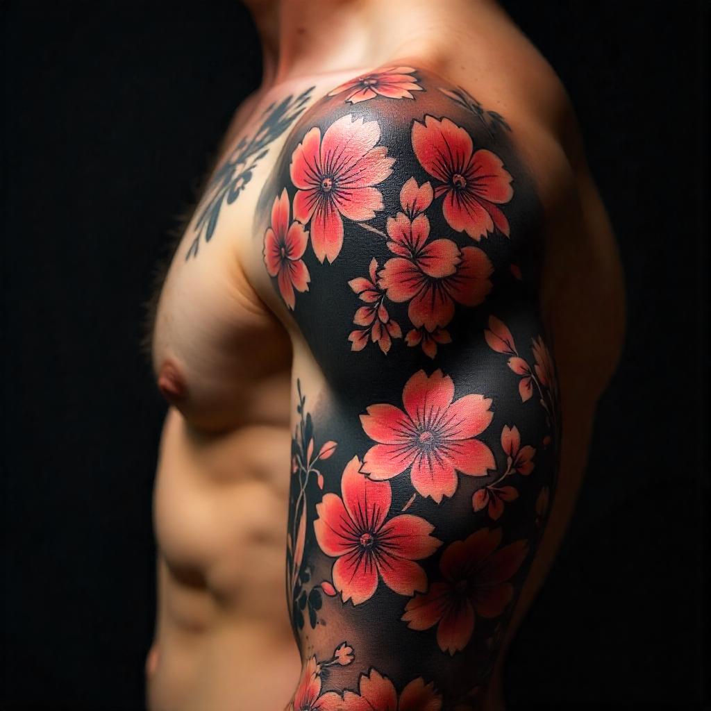 Tatuagem Japonesa de Manga Completa de Flores de Cerejeira no Braço Masculino