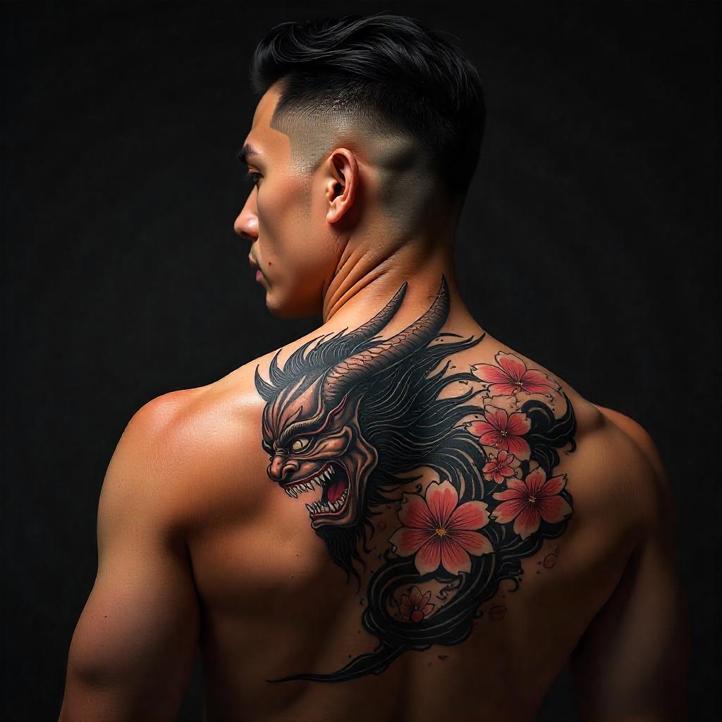 Tatuagem Japonesa de Máscaras Hannya nas Costas Masculina 