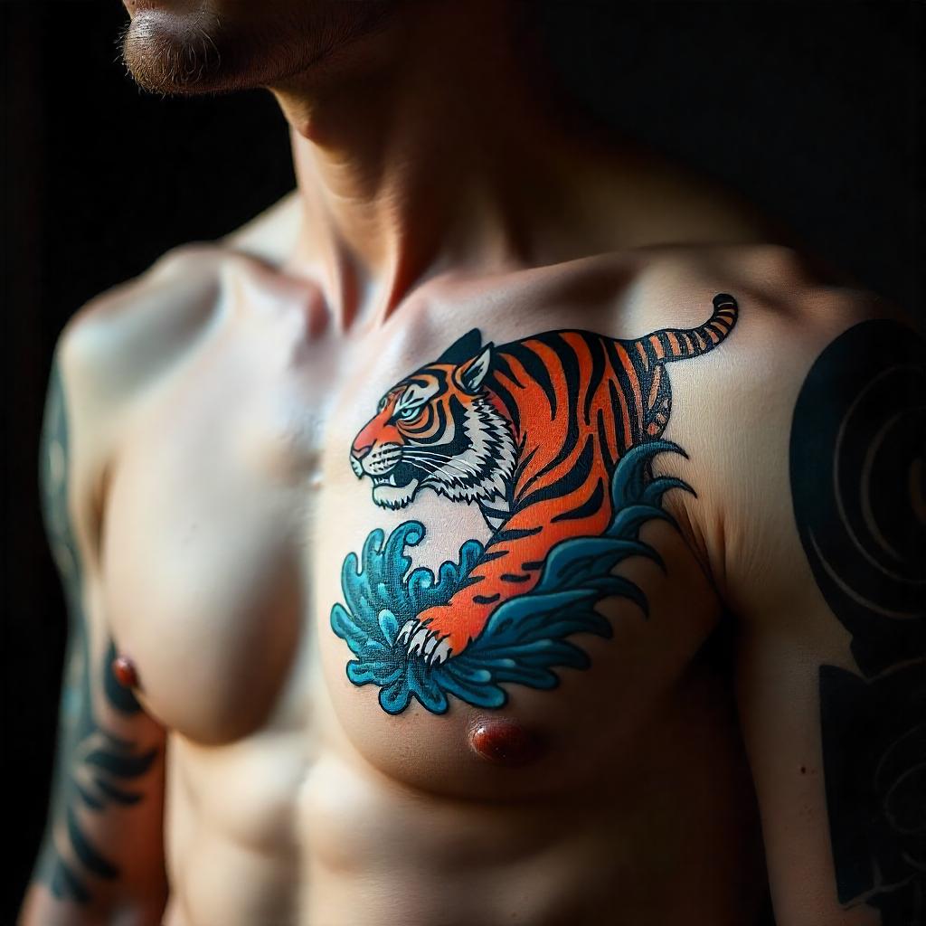 Tatuagem Japonesa de Tigre no Peito Masculino