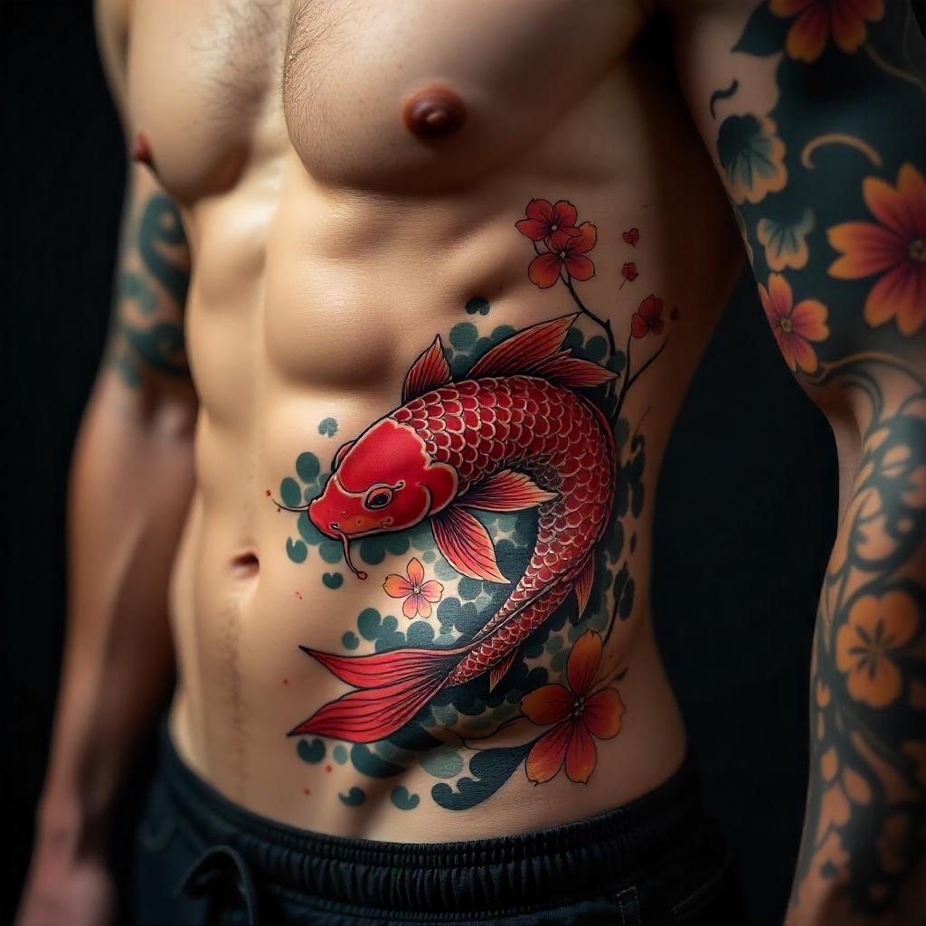 Tatuagem Japonesa de Carpa na Costela Masculina