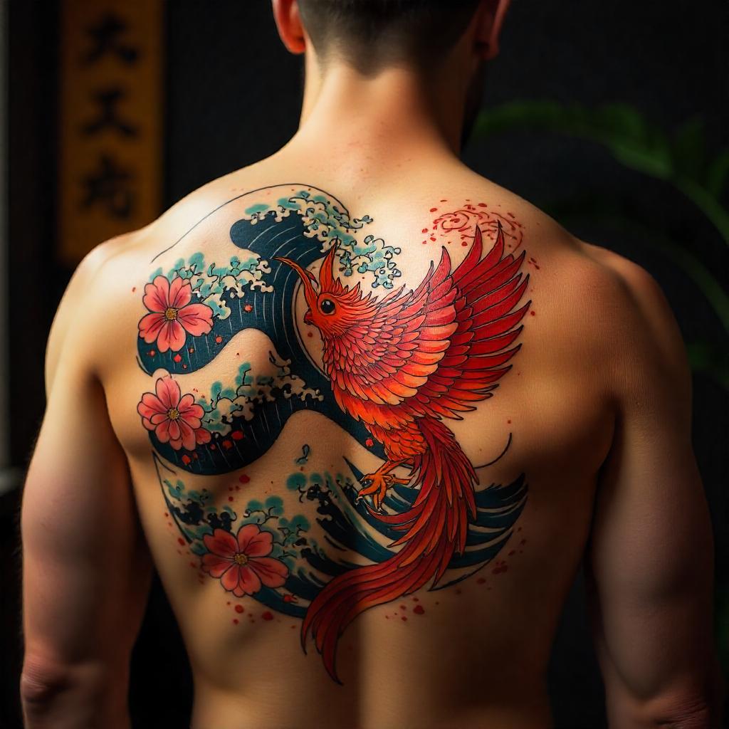 Tatuagem Japonesa de Fênix nas Costas Masculina