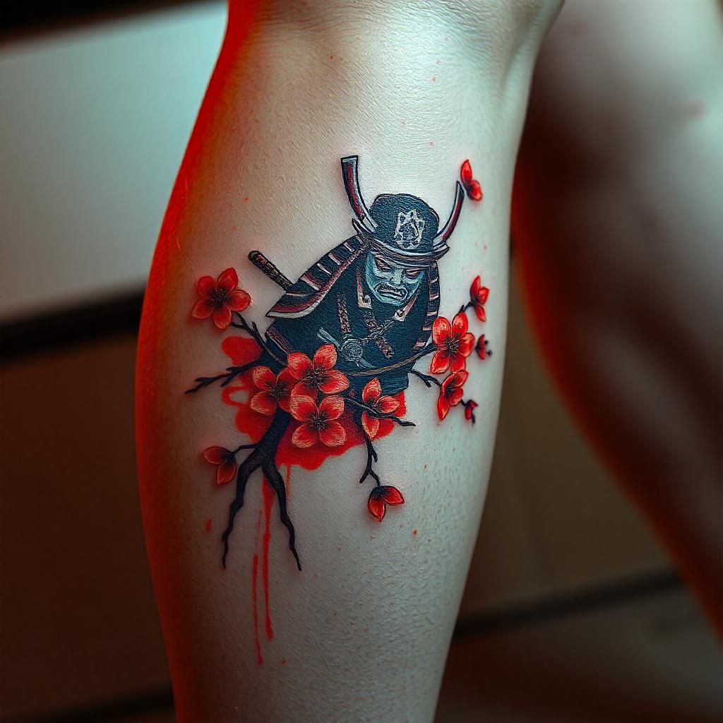 Tatuagem Japonesa em Aquarela de Samurai na Perna Masculina