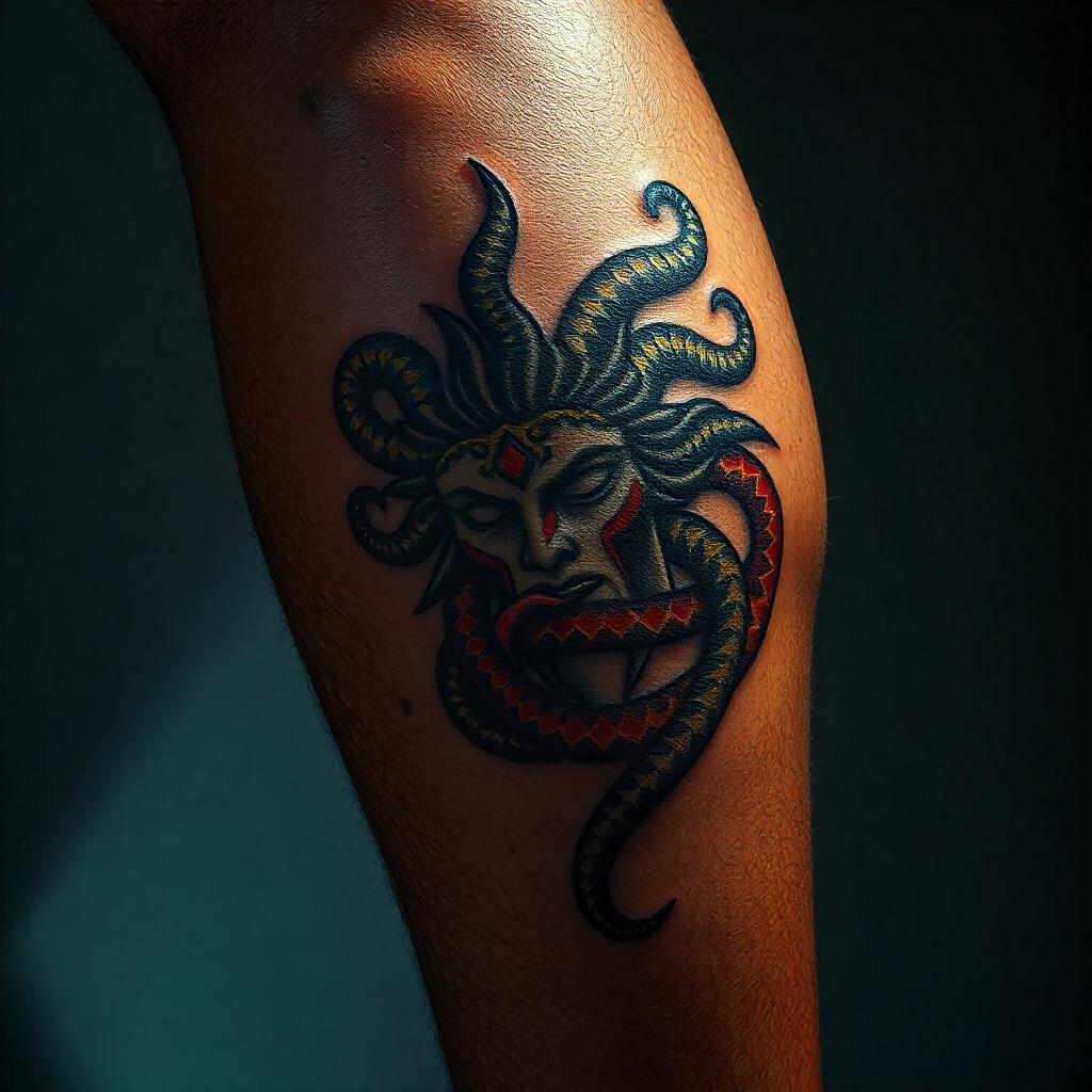 Tatuagem Masculina de Medusa na Perna 