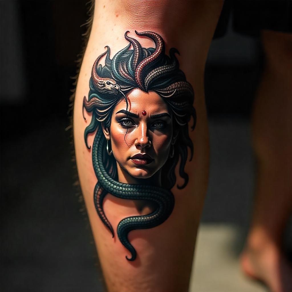 Tatuagem Masculina de Medusa na Perna 