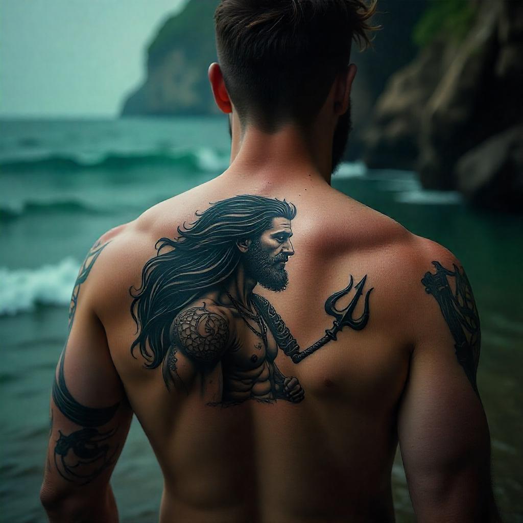 Tatuagem Masculina de Poseidon nas Costas 