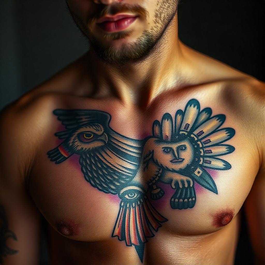 Tatuagem Masculina de Atena com Símbolo da Coruja no Peito 