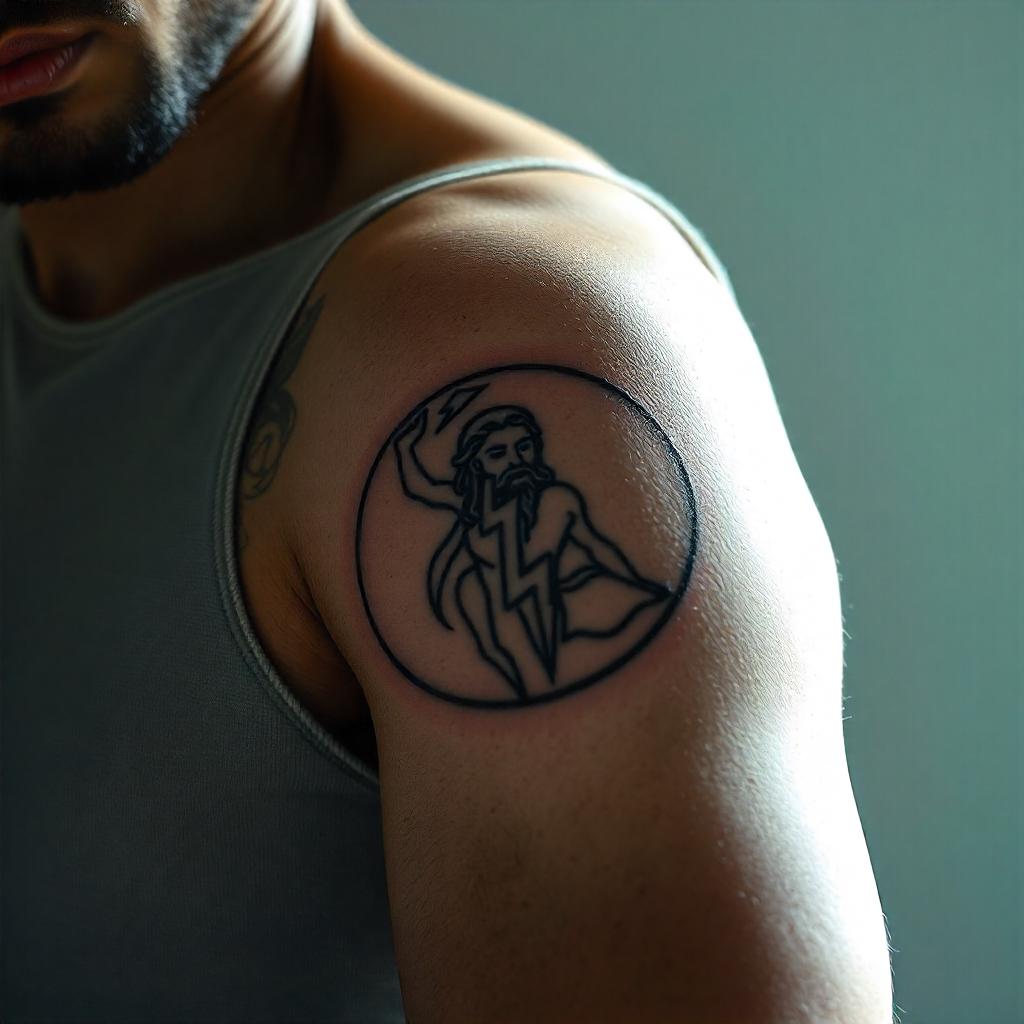 Tatuagem Minimalista de Zeus com seu Raio no Braço Masculino